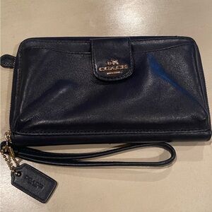 Vintage Coach Wristlet Navy Blue Leather Wallet Gold Hardware